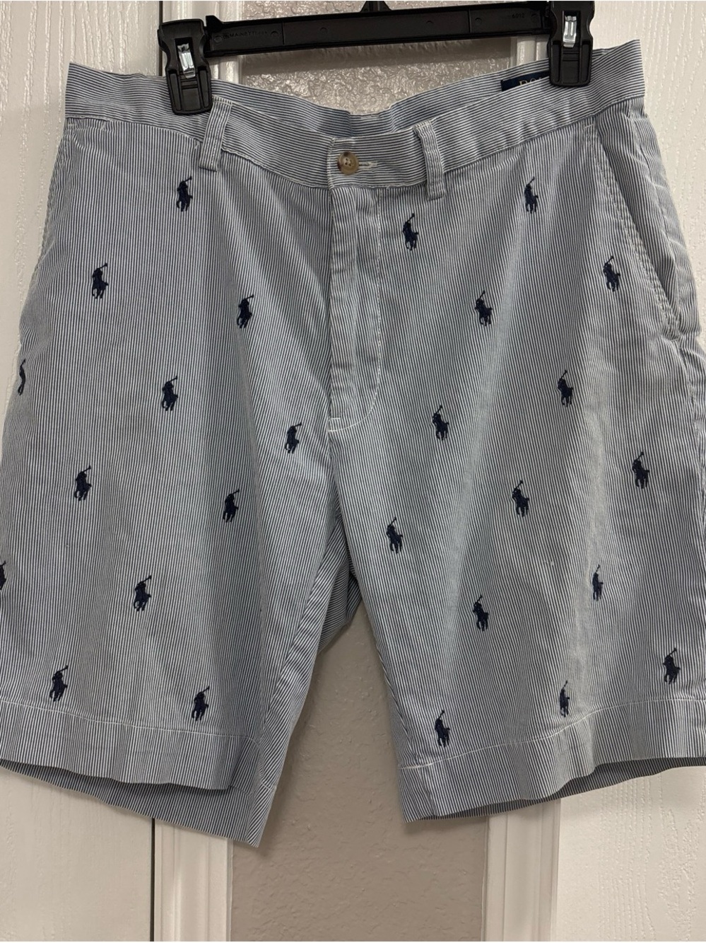 Ralph Lauren Light Blue Seersucker Shorts with Navy Pony Embroidery